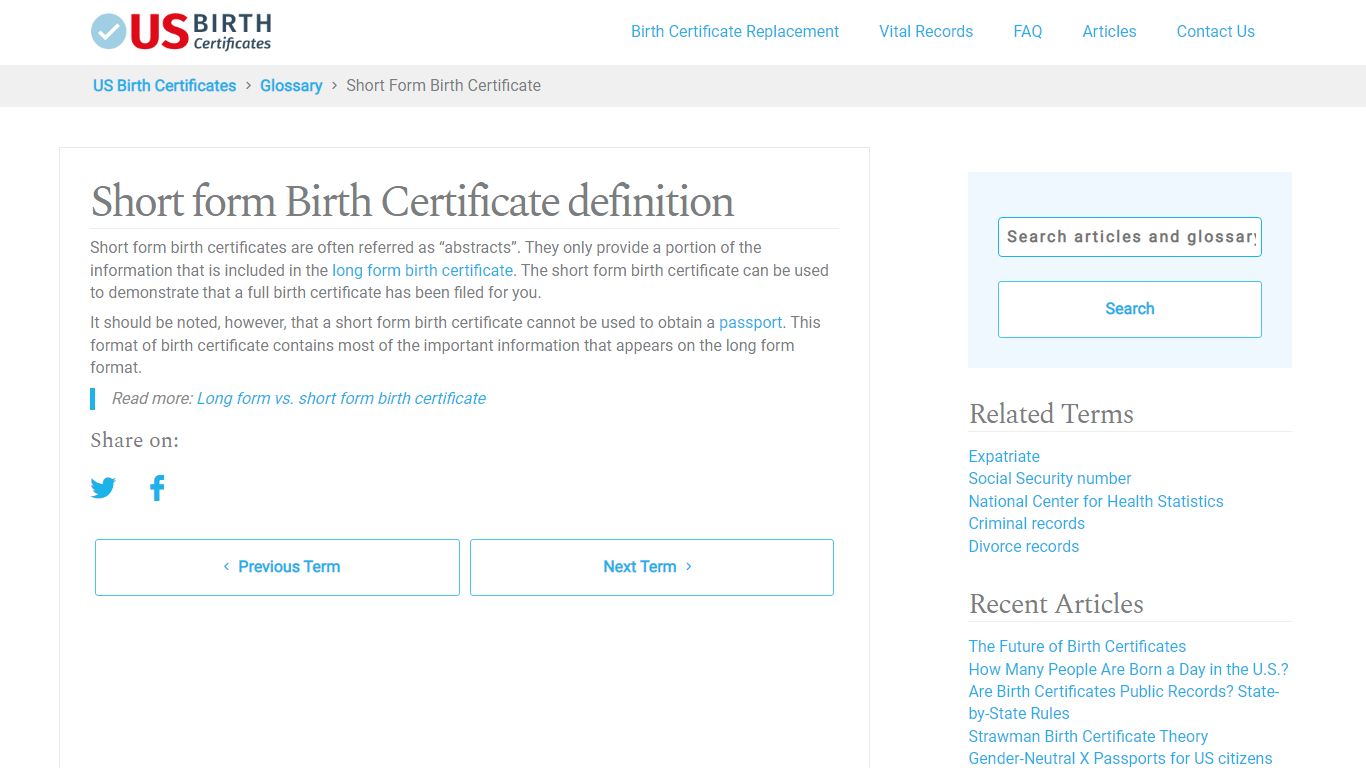Short form Birth Certificate - US Birth Certificates